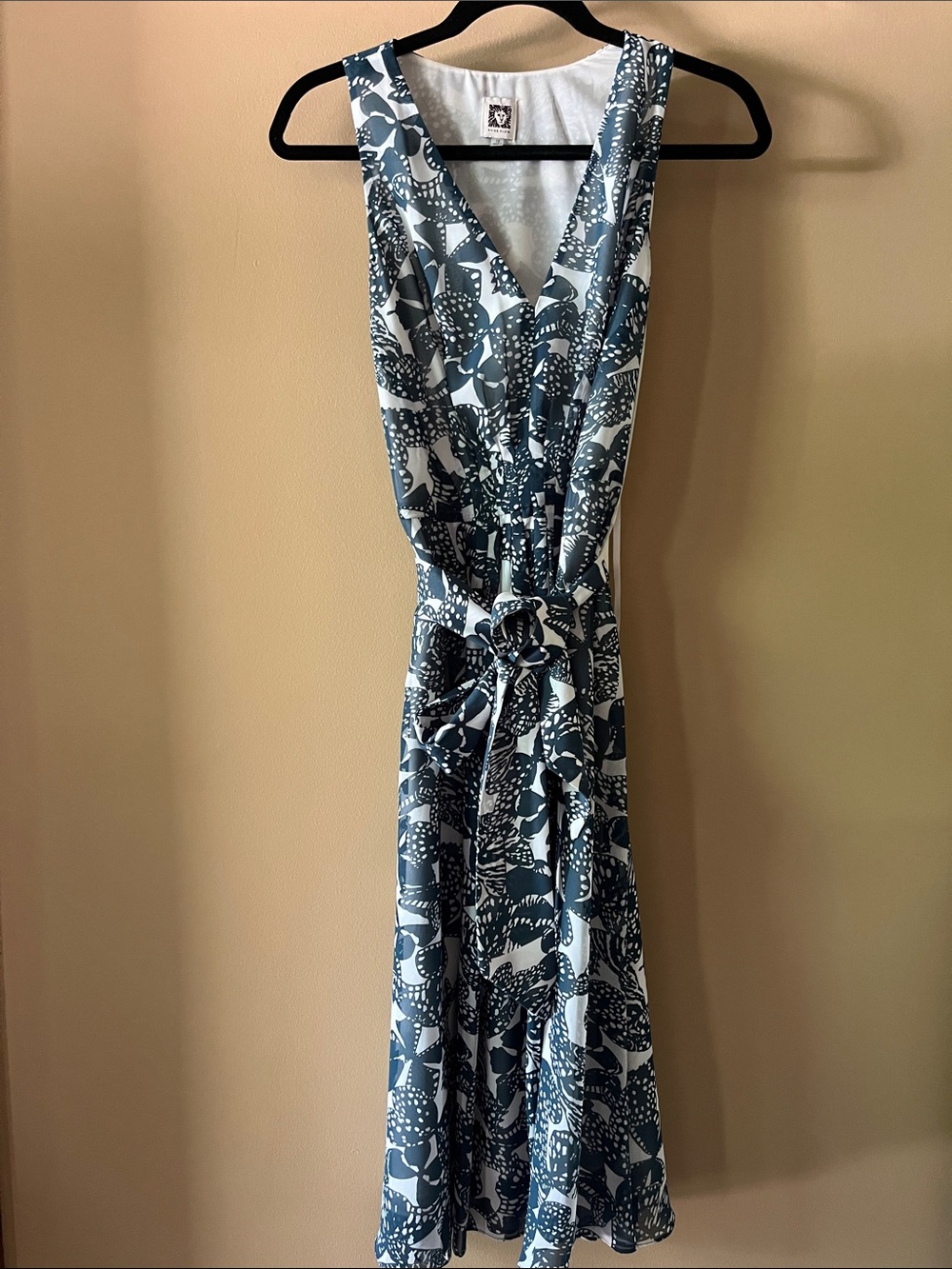 ANNE KLEIN Teal and White Printed Wrap Dress